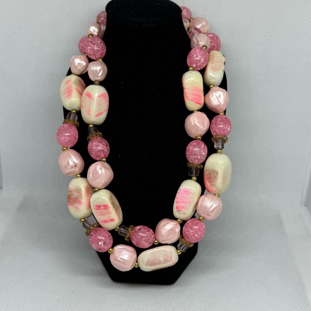 Deauville Vintage Signed Pink And White Pearlized Stone And Bead Necklace